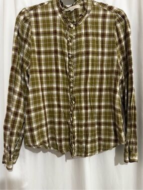 LOFT Olive and Cream Plaid Ruffle-Front Blouse